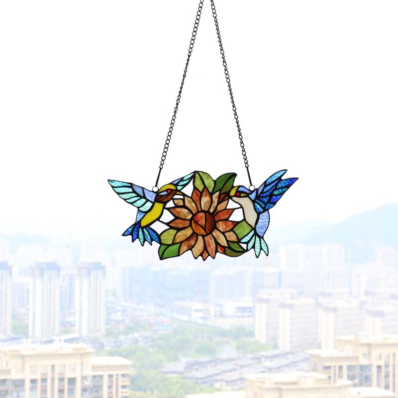 Bieye W10006 Hummingbirds Flower Tiffany Style Stained Glass Window Hangings Panel with Chain, 15" W x 7" H - Image 2
